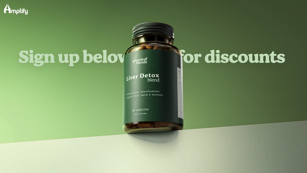 A clean, high-contrast product ad featuring a bottle of liver detox supplement against a solid green background with a direct offer for discounts.